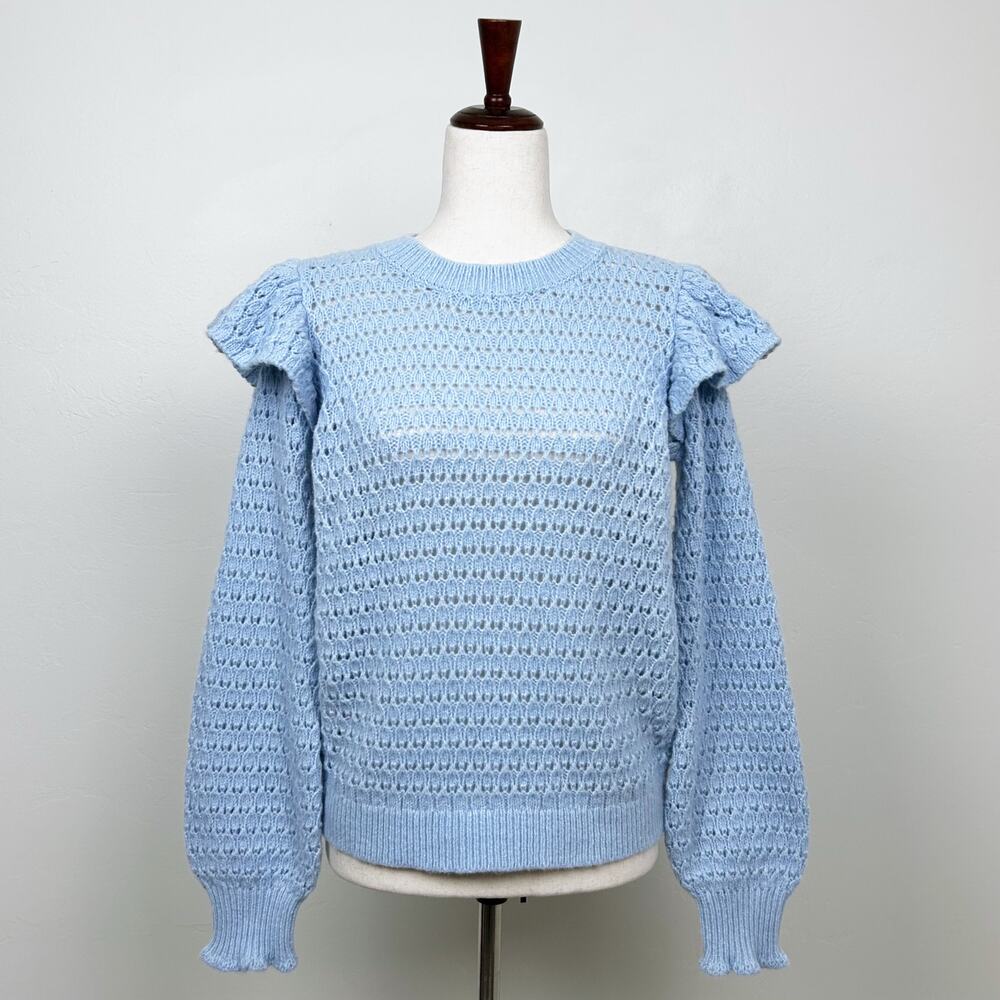 Ann Taylor LOFT Blue Pointelle Lace Knit Ruffle Feminine Long Sleeve Sweater NWT - Picture 2 of 10